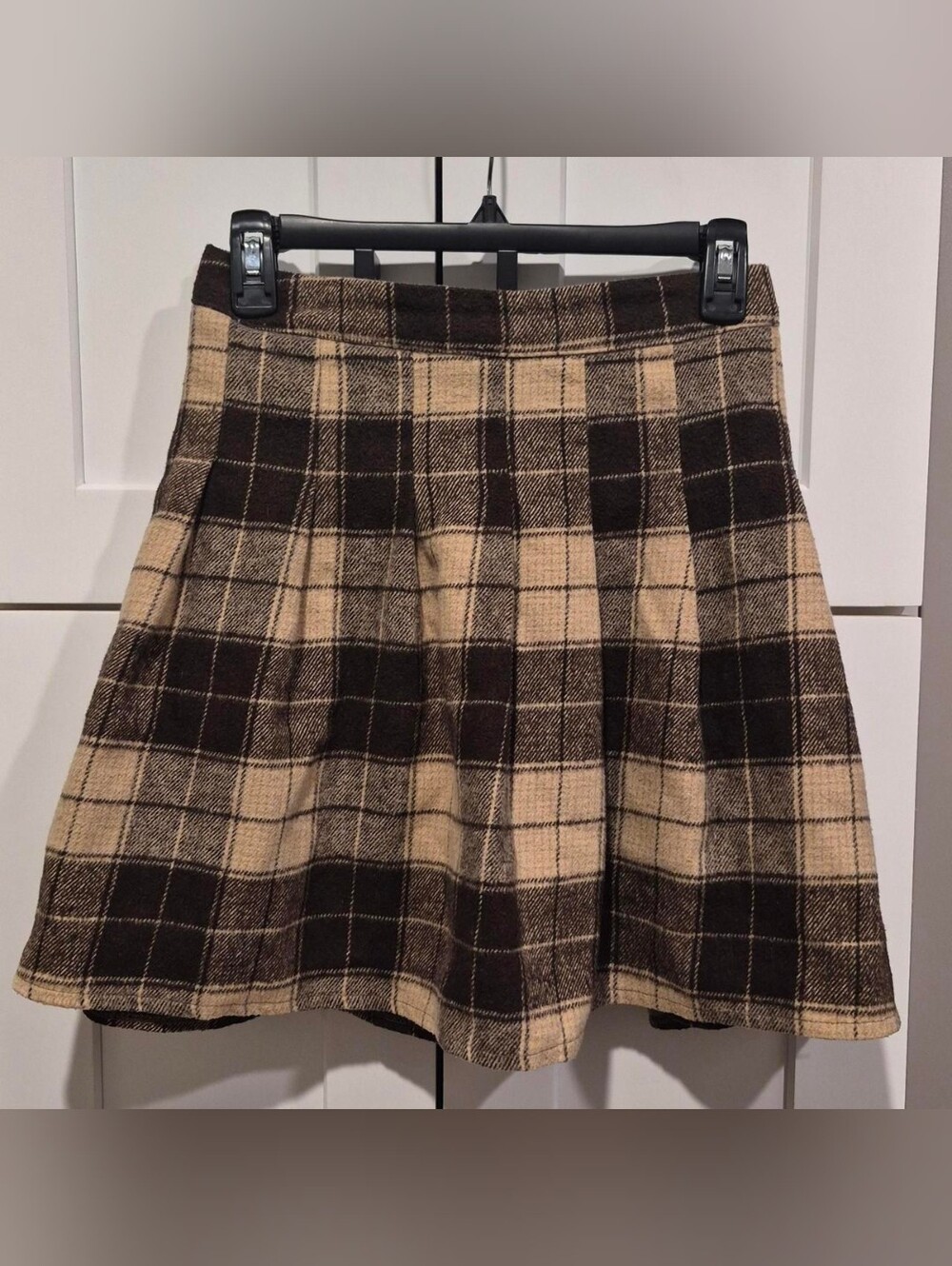Womens Plaid A-Line Skirt in Brown and Cream
